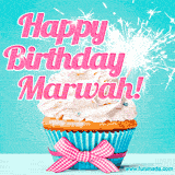 A festive cupcake with pink icing, a gingham bow, and a lit animated sparkler, paired with 'Happy Birthday Marwah!' in bright pink text.