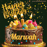 A delightful chocolate birthday cake with bright candles and 'Happy Birthday Marwah' written in gold amidst a shower of animated stars.