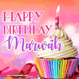 A vibrant birthday GIF featuring a rainbow-colored cupcake topped with white frosting, sprinkles, and a lit candle. The text reads 'Happy Birthday Marwah' in bold pink and violet letters with white outline.