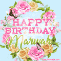 A charming animated GIF featuring 'Happy Birthday Marwah' in pink and green text, surrounded by delicate roses, leaves, and fluttering butterflies on a soft light blue pastel background.