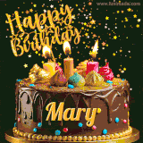 A delightful chocolate birthday cake with bright candles and 'Happy Birthday Mary' written in gold amidst a shower of animated stars.