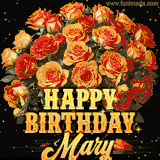Animated bouquet of orange roses with moving butterfles and golden 'Happy Birthday Mary' text, surrounded by sparkling accents and a dark backdrop for a luxurious feel.