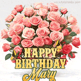 Golden 'Happy Birthday Mary' text beneath a vibrant bouquet of orange roses, complete with glittering butterflies and sparkling details.