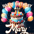 Hand-drawn happy birthday cake adorned with an arch of colorful balloons - name GIF for Mary