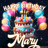 Bright birthday animation for Mary with a chocolate cake, candles, balloons, and glowing celebratory lights.