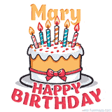 Cartoon birthday cake with a red bow, glowing candles, and 'Mary Happy Birthday' text in bold animated style.