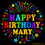 Personalized greeting card with name, colorful text that says 'Happy Birthday Mary' surrounded by animated fireworks and multicolor stars