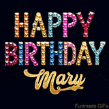 Vibrant luxury birthday greeting card for Mary, showing glittering gemstone letters and golden calligraphy on a dark background with twinkling shine effects.