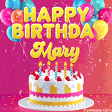 Pink-themed animated greeting with balloons, confetti, and a frosted cake under the message 'Happy Birthday Mary' in bold rounded yellow font.