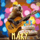 Animated birthday GIF showing a capybara playing guitar and singing beside a birthday cake with the name Mary in large letters and colorful bokeh lights in the background.
