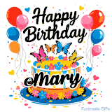 An animated birthday card for Mary. It features a festive cake with her name, 'Mary', and colorful butterflies. Floating balloons and hearts complete the joyful scene.