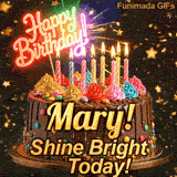 Flickering candles of different colors on top of a chocolate glaze cake with Mary's name in elegant writing.