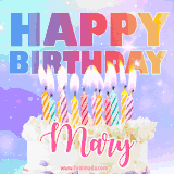 A vibrant animated name GIF with the words 'Happy Birthday Mary' with colorful candles on a creamy cake. The background sparkles with pastel shades, adding a festive touch.