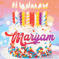 Personalized for Maryam elegant birthday cake adorned with rainbow sprinkles, colorful candles and glitter