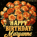 Animated bouquet of orange roses with moving butterfles and golden 'Happy Birthday Maryanne' text, surrounded by sparkling accents and a dark backdrop for a luxurious feel.