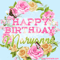 A charming animated GIF featuring 'Happy Birthday Maryanne' in pink and green text, surrounded by delicate roses, leaves, and fluttering butterflies on a soft light blue pastel background.