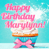 A festive cupcake with pink icing, a gingham bow, and a lit animated sparkler, paired with 'Happy Birthday Marylynn!' in bright pink text.