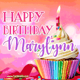 A vibrant birthday GIF featuring a rainbow-colored cupcake topped with white frosting, sprinkles, and a lit candle. The text reads 'Happy Birthday Marylynn' in bold pink and violet letters with white outline.