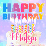 A vibrant animated name GIF with the words 'Happy Birthday Mateja' with colorful candles on a creamy cake. The background sparkles with pastel shades, adding a festive touch.