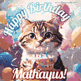 Happy birthday gif for Mathayus with cat and cake