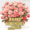 Birthday wishes to Mavis with a charming GIF featuring pink roses, butterflies and golden quote
