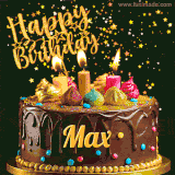 A delightful chocolate birthday cake with bright candles and 'Happy Birthday Max' written in gold amidst a shower of animated stars.