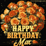 Animated bouquet of orange roses with moving butterfles and golden 'Happy Birthday Max' text, surrounded by sparkling accents and a dark backdrop for a luxurious feel.
