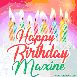 Bright birthday candles with rainbow flames on a cake, alongside the text 'Happy Birthday Maxine' in vibrant script in this celebratory animated GIF.