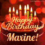 Beautifully decorated red velvet berry birthday cake with vibrant fruits and a glowing 'Maxine' name, adding a touch of sweetness and sparkle.