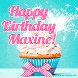 A festive cupcake with pink icing, a gingham bow, and a lit animated sparkler, paired with 'Happy Birthday Maxine!' in bright pink text.