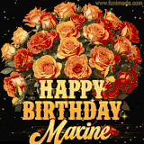 Animated bouquet of orange roses with moving butterfles and golden 'Happy Birthday Maxine' text, surrounded by sparkling accents and a dark backdrop for a luxurious feel.