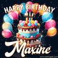 Hand-drawn happy birthday cake adorned with an arch of colorful balloons - name GIF for Maxine
