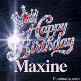 Silver metallic lettering spelling Maxine under a diamond cursive Happy Birthday sign on a dark background with light bursts.