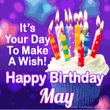 A colorful birthday GIF for May featuring a cupcake with vibrant lit candles and the text 'It's Your Day to Make a Wish! Happy Birthday May' in bold letters on a festive purple background.