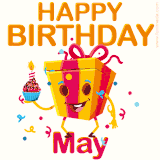A vibrant and funny gift box character with a happy face dancing with a cupcake and the text 'Happy Birthday May,' surrounded by animated confetti and party vibes.