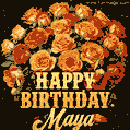 Beautiful bouquet of orange and red roses for Maya, golden inscription and twinkling stars