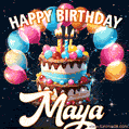 Hand-drawn happy birthday cake adorned with an arch of colorful balloons - name GIF for Maya