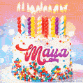 Personalized for Maya elegant birthday cake adorned with rainbow sprinkles, colorful candles and glitter