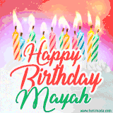 Bright birthday candles with rainbow flames on a cake, alongside the text 'Happy Birthday Mayah' in vibrant script in this celebratory animated GIF.