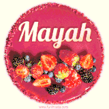 Beautifully decorated red velvet berry birthday cake with vibrant fruits and a glowing 'Mayah' name, adding a touch of sweetness and sparkle.