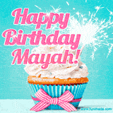 A festive cupcake with pink icing, a gingham bow, and a lit animated sparkler, paired with 'Happy Birthday Mayah!' in bright pink text.