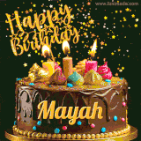 A delightful chocolate birthday cake with bright candles and 'Happy Birthday Mayah' written in gold amidst a shower of animated stars.
