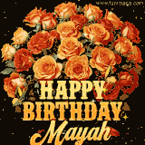Animated bouquet of orange roses with moving butterfles and golden 'Happy Birthday Mayah' text, surrounded by sparkling accents and a dark backdrop for a luxurious feel.