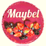 Beautifully decorated red velvet berry birthday cake with vibrant fruits and a glowing 'Maybel' name, adding a touch of sweetness and sparkle.
