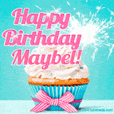 A festive cupcake with pink icing, a gingham bow, and a lit animated sparkler, paired with 'Happy Birthday Maybel!' in bright pink text.
