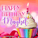 A vibrant birthday GIF featuring a rainbow-colored cupcake topped with white frosting, sprinkles, and a lit candle. The text reads 'Happy Birthday Maybel' in bold pink and violet letters with white outline.