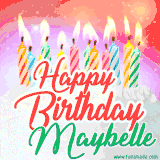 Bright birthday candles with rainbow flames on a cake, alongside the text 'Happy Birthday Maybelle' in vibrant script in this celebratory animated GIF.