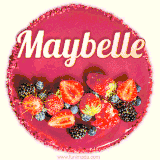 Beautifully decorated red velvet berry birthday cake with vibrant fruits and a glowing 'Maybelle' name, adding a touch of sweetness and sparkle.