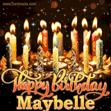A glowing personalized birthday GIF with name Maybelle featuring lit candles with intricate designs, warm lighting, and the text 'Happy Birthday' in an elegant font.