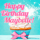 A festive cupcake with pink icing, a gingham bow, and a lit animated sparkler, paired with 'Happy Birthday Maybelle!' in bright pink text.